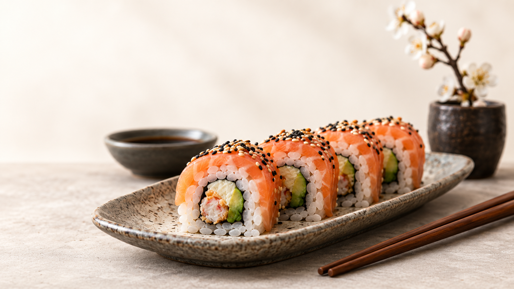 Sushi Natsuko sobre un plato de cerámica